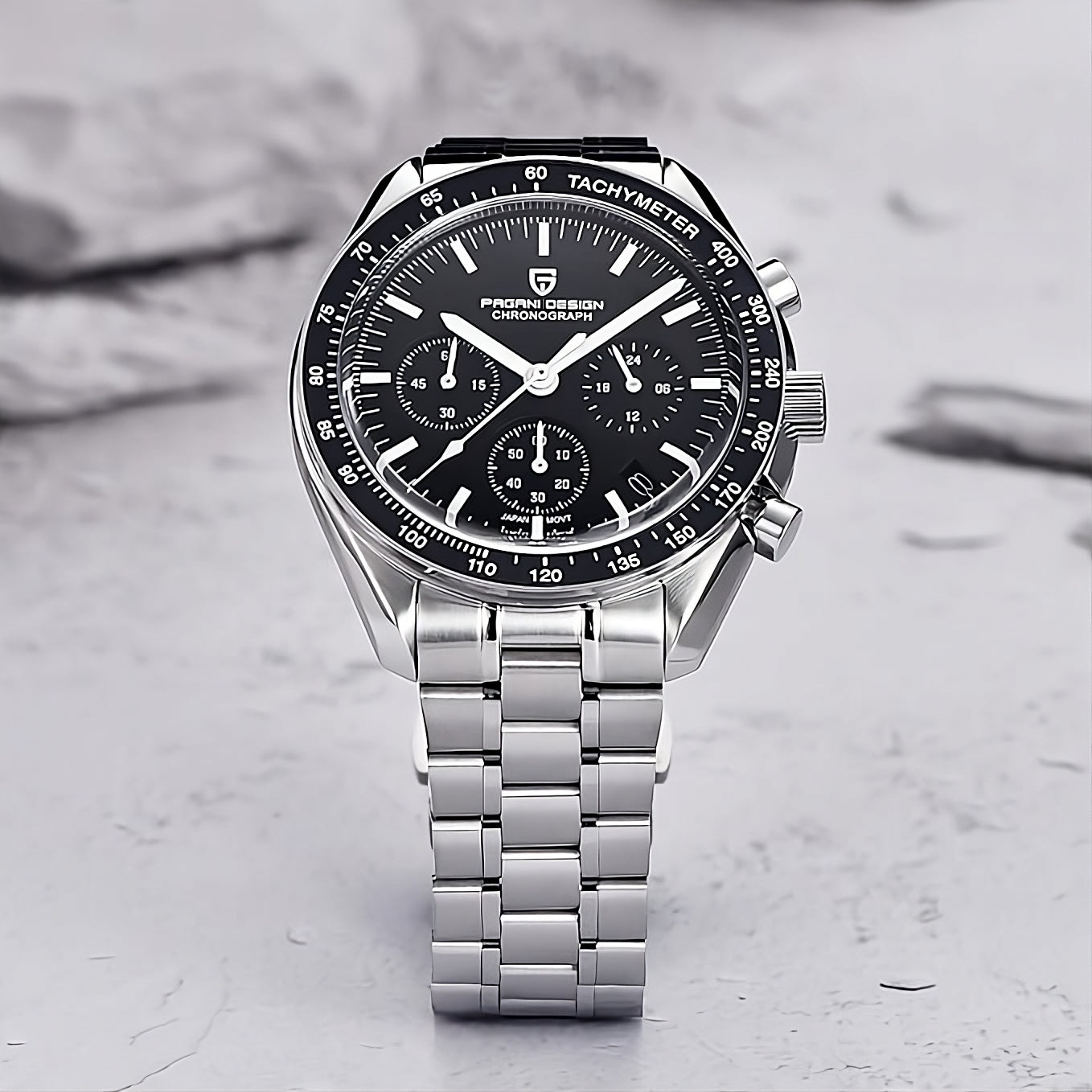 PAGANI DESIGN PD-1701 CHRONOGRAPH PREMIUM SILVER STRAP BLACK MEN'S WATCH