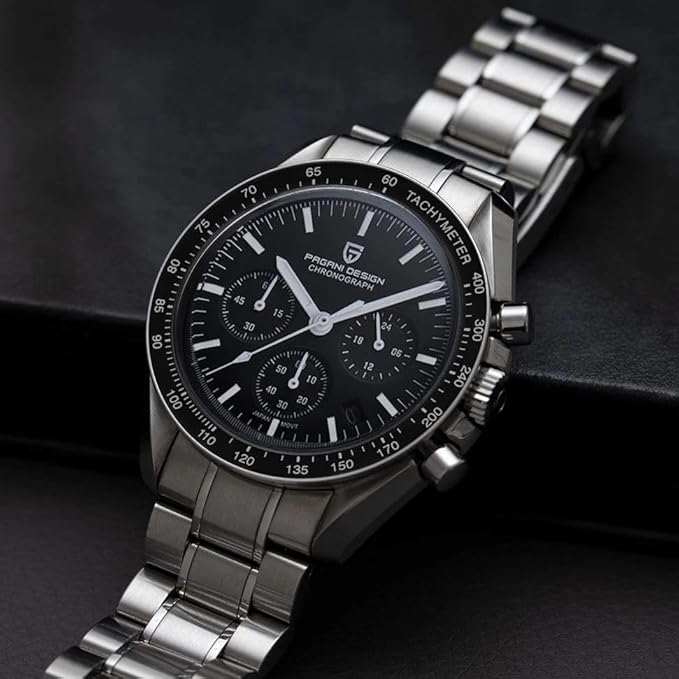 PAGANI DESIGN PD-1701 CHRONOGRAPH PREMIUM SILVER STRAP BLACK MEN'S WATCH
