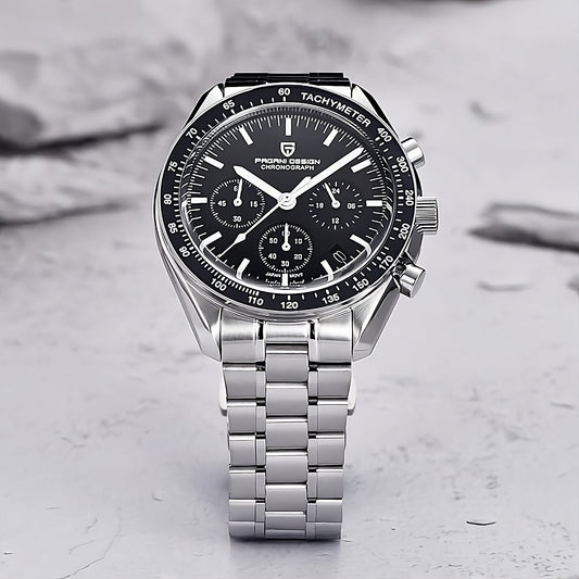 PAGANI DESIGN PD-1701 CHRONOGRAPH PREMIUM SILVER STRAP BLACK MEN'S WATCH