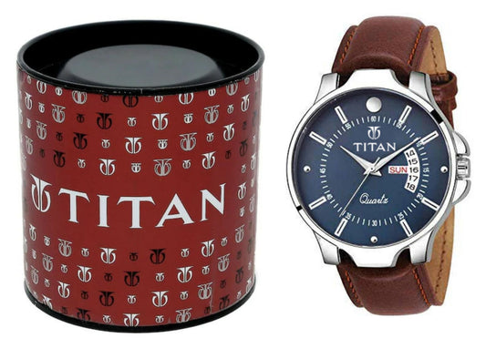 Leather Titan Watch for Men With Date & Day Dial